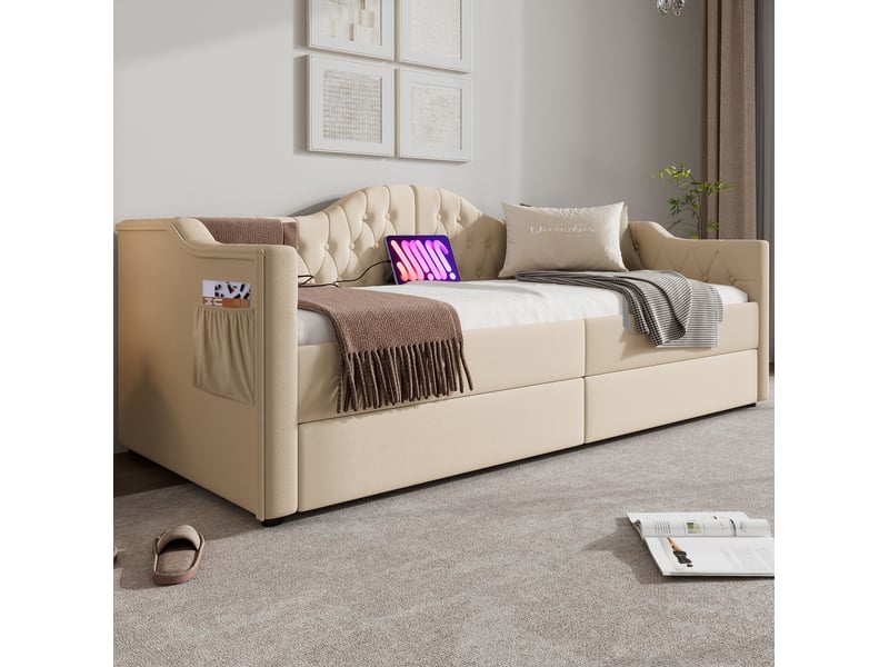  Modenvie lit de jour 90x200 cm - avec ports usb et usb-c, 2 tiroirs, sans matelas - beige  - Conforama D
