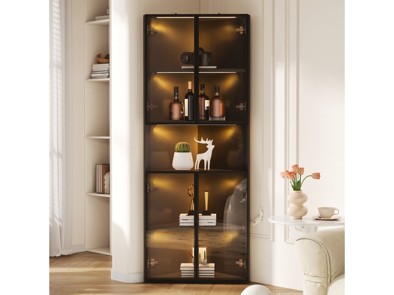  Vitrine d'angle noire 62x32x160cm, vitrine avec éclairage led jaune chaud, meuble de présentation en verre trempé pour salon.  - Conforama D