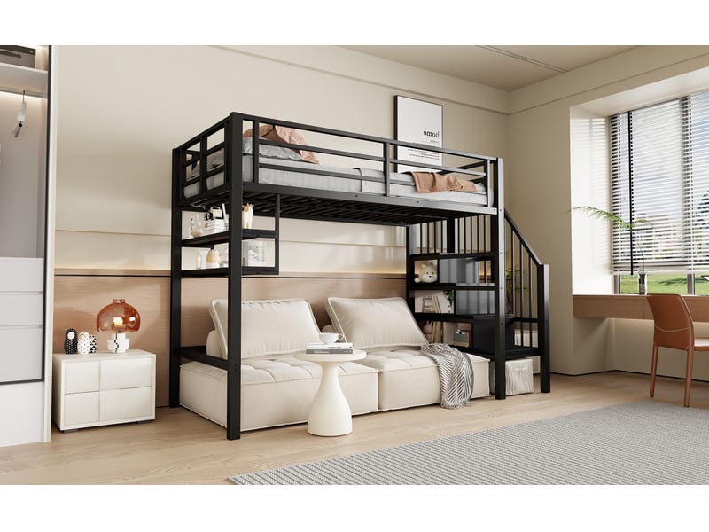 Lit mezzanine enfant 90 x 200 cm rangements intégrés échelle rangement espace jeu garde-corps métal noir sans matelas - Conforama B