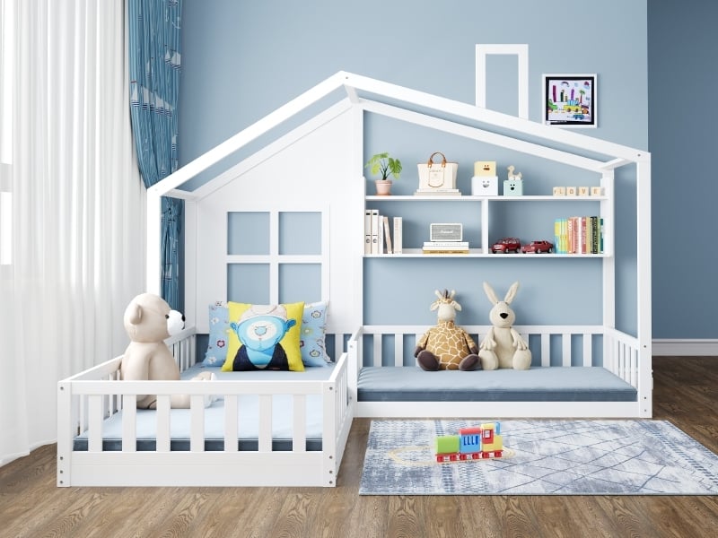 Lit enfant 90x200cm, lit cabane avec fenêtre et cheminée, barrière sécurité, bois massif blanc - Conforama B