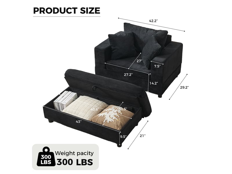  Chaise longue noire en tissu côtelé avec coffre, 3 coussins, style moderne pour salon et chambre  - Conforama D