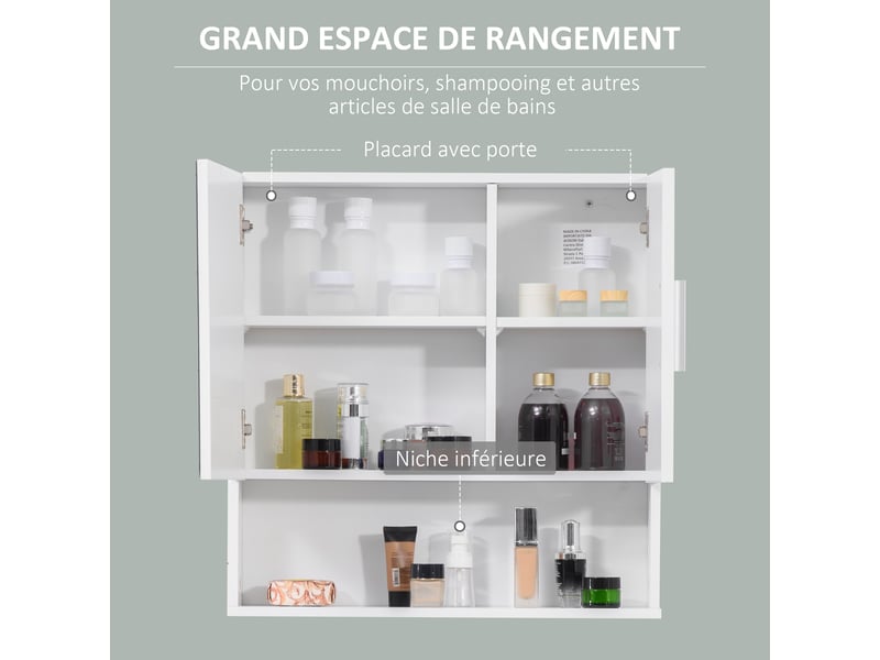 Armoire murale miroir de salle de bain avec portes et étagère réglable - blanc dim. 54l x 15,2l x 55,3h cm - Conforama E