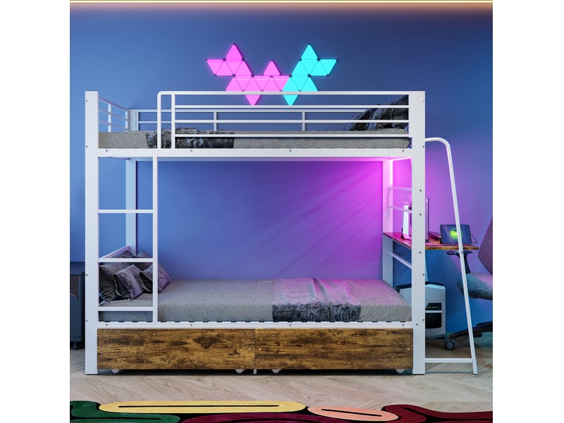 Lit superposé 90 × 200 cm avec bureau, led, tiroirs et échelle, matelas non précisé, blanc et bois foncé - Conforama B