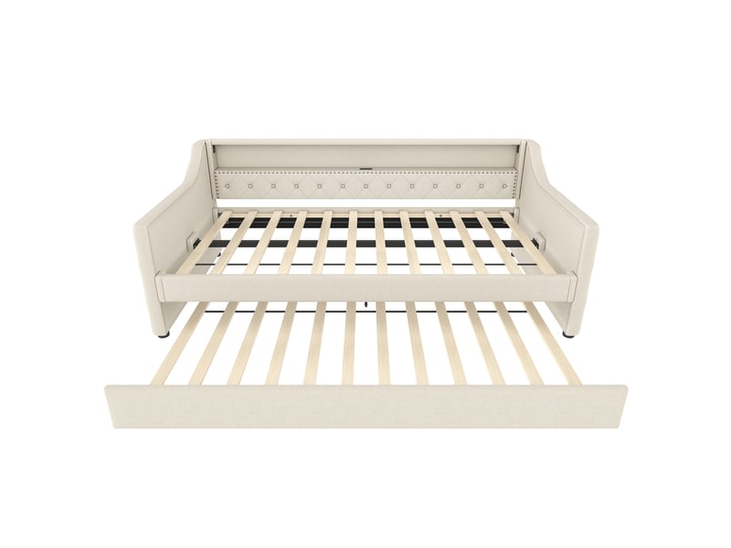  Lit 90x200 cm gigogne avec led, lin, beige, sans matelas  - Conforama R
