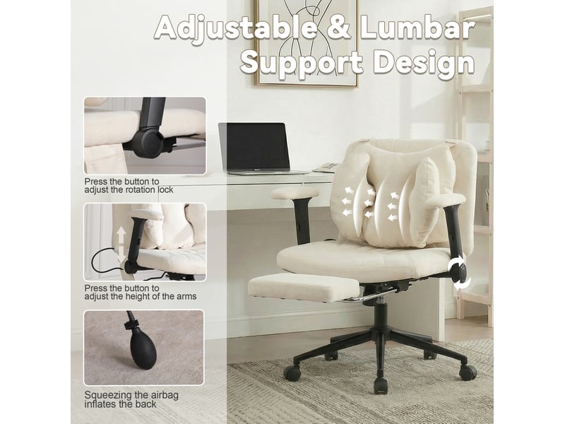  Chaise de bureau pivotante en tissu beige avec repose-pieds, hauteur réglable et soutien lombaire réglable  - Conforama D
