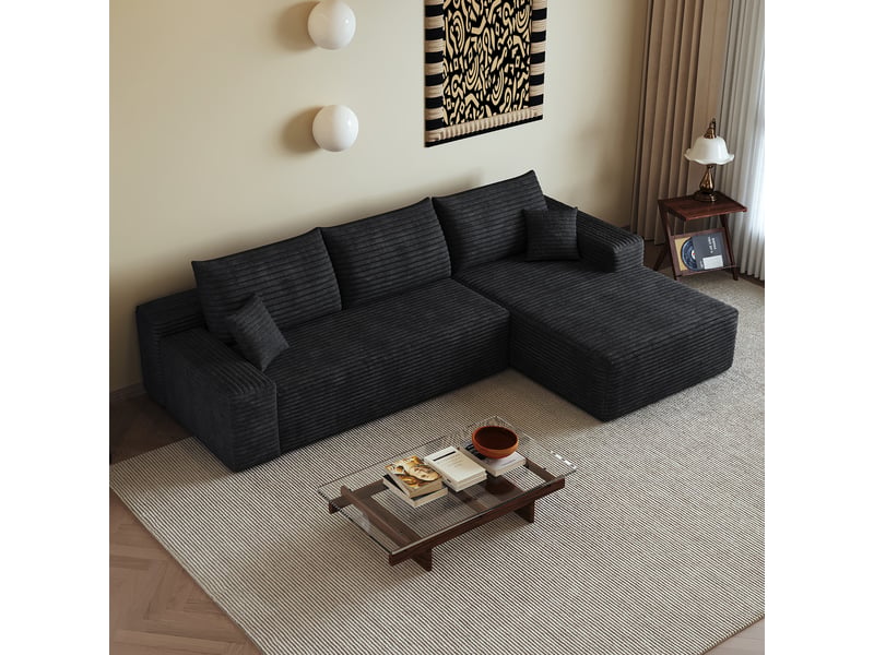 Canapé d'angle modulable noir 3 places avec méridienne - velours côtelé - 270 cm - sans montage - Conforama E