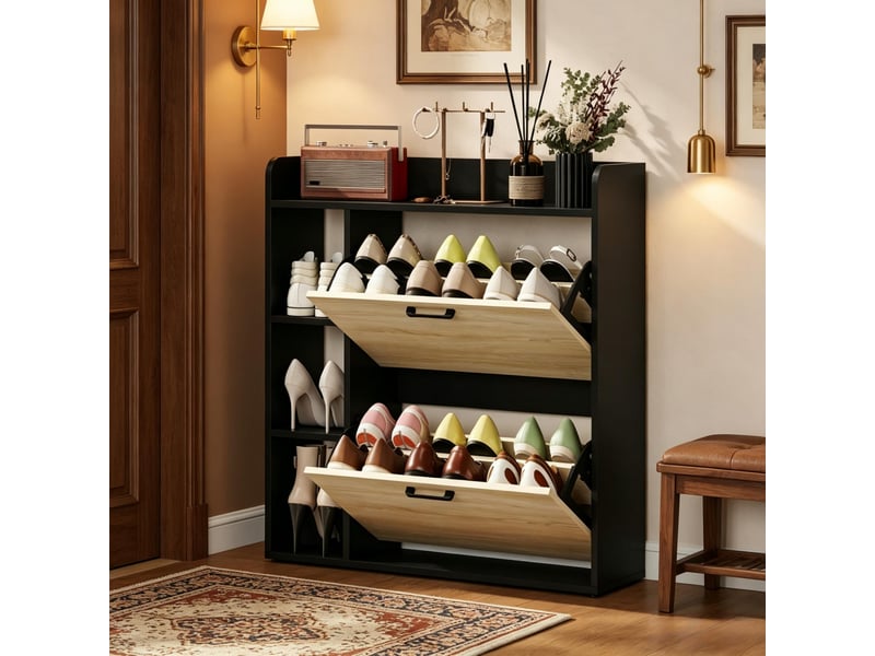  Meuble à chaussures modèle slim, rangement 15 paires, 2 compartiments basculants, entrée appartement  - Conforama D