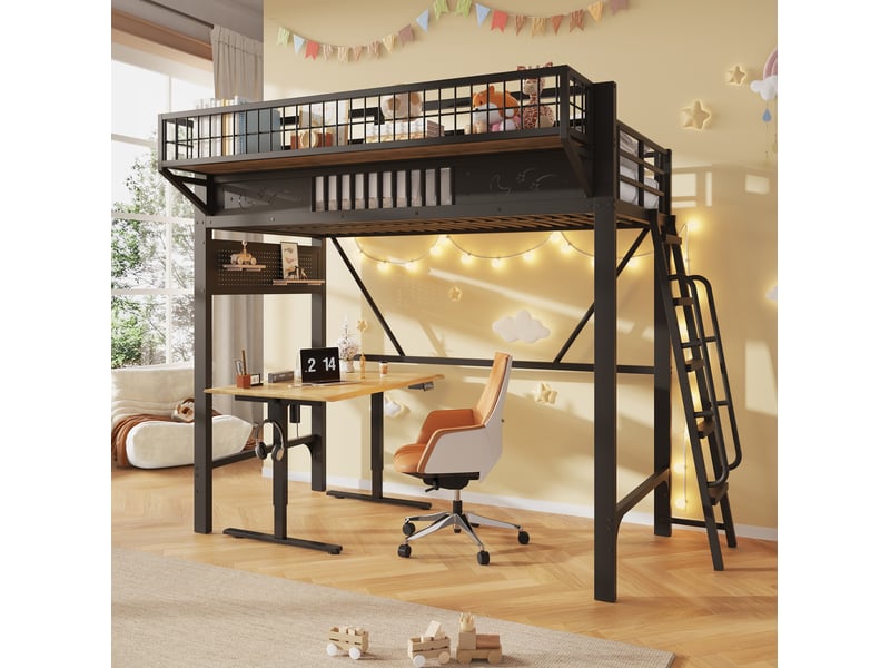  Lit mezzanine enfant 90 x 200 cm en métal noir, avec rangements latéraux et espace ouvert, sans matelas  - Conforama B