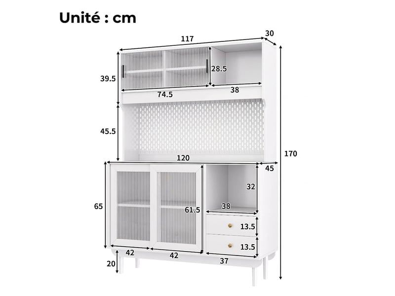  Buffet de cuisine blanc avec portes coulissantes en verre strié, panneau perforé et tiroirs, 117x30x170 cm  - Conforama E