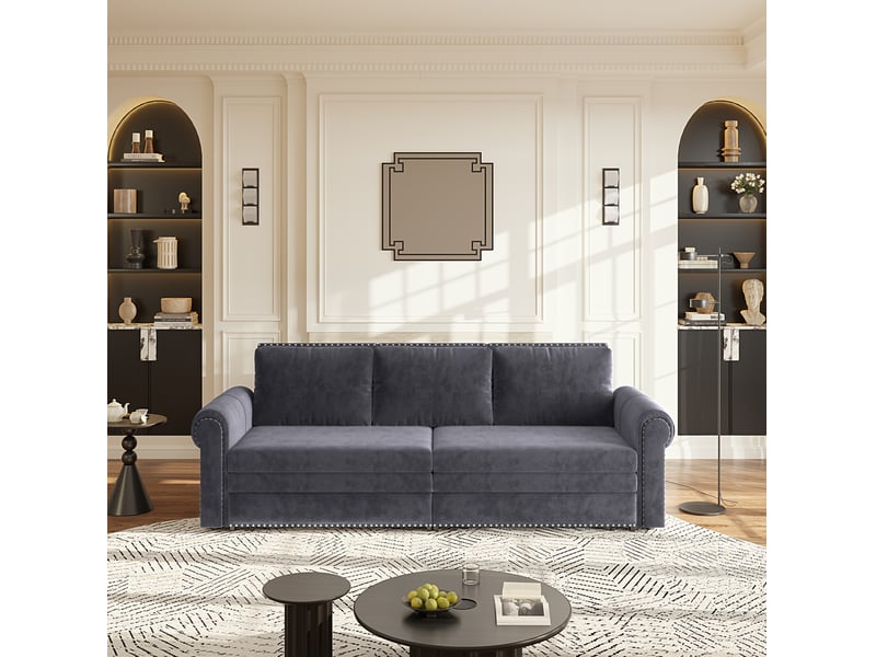  Canapé-lit 3 places 238x90x98 cm convertible 3-en-1, coussin de dossier réglable, en mousse et velours couleur gris  - Conforama B
