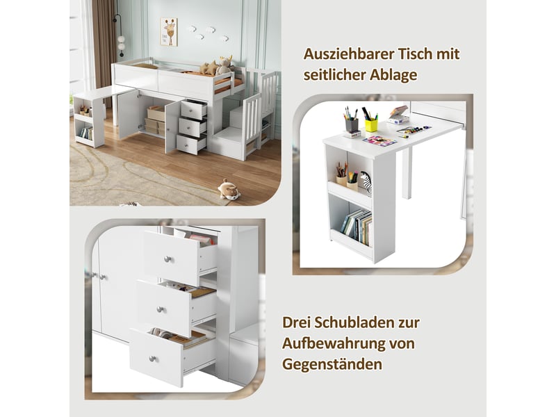 Lit mezzanine enfant avec bureau escamotable 90x200 cm blanc - armoire, tiroir et escalier de rangement - Conforama W