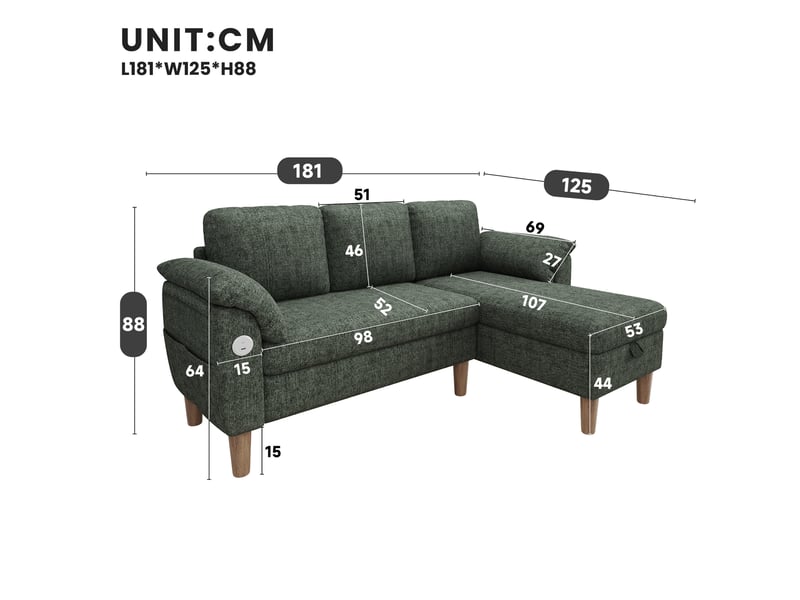 Canapé d'angle modenvie 3 places modulable avec méridienne réversible, coffre de rangement, usb et type-c, chenille verte - Conforama C