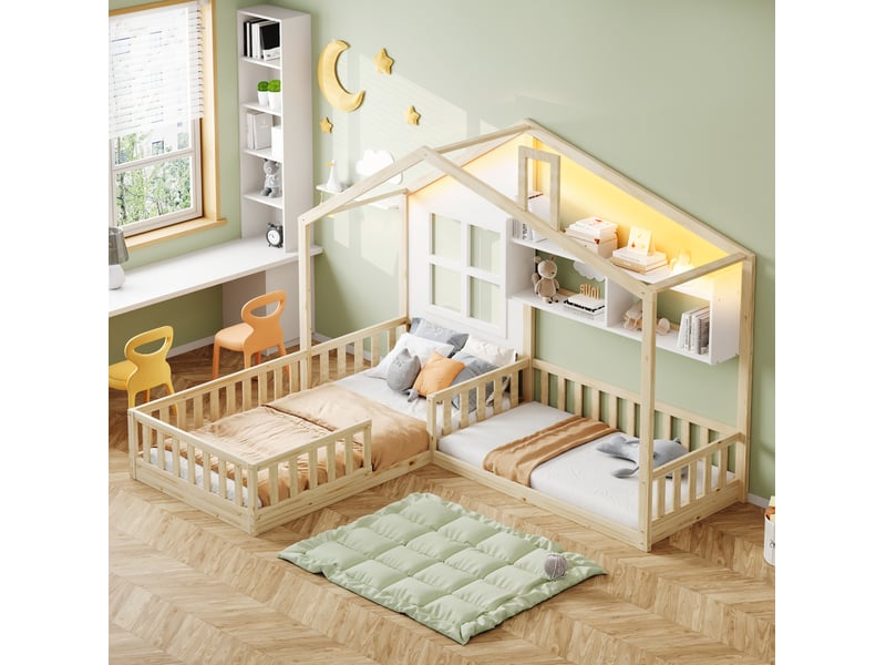Lit cabane enfant 90x200 et 140x70 cm – bois naturel – led, étagères intégrées et sécurité - sans matelas - Conforama B