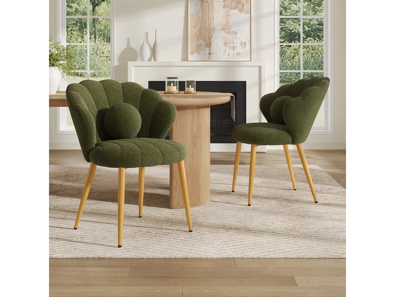  Lot de 2 chaises de salle à manger 60x62,5x83 cm, dossier coquillage, coussins ronds, tissu peluche, vert  - Conforama B