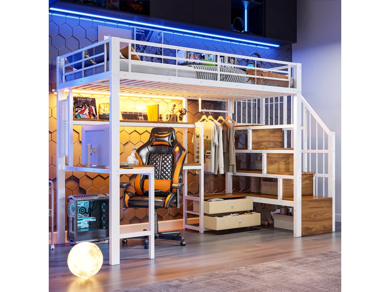  Lit mezzanine 90x200 cm avec 2 tiroirs et penderie éclairage led intégré et bureau et escalier avec rangements métal blanc BUBBLY - Conforama B