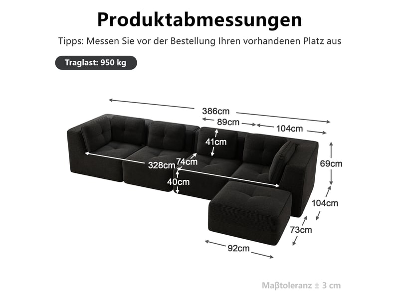 Canapé d’angle modulable 4 places velours côtelé noir – 386 x 177 x 69 cm Fay Lum - Conforama C