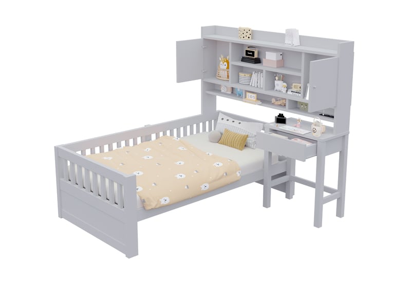  Lit enfant 90x200 cm, bureau, rangements, éclairage led, prise, barrières, bois de pin et mdf, gris, sans matelas  - Conforama A