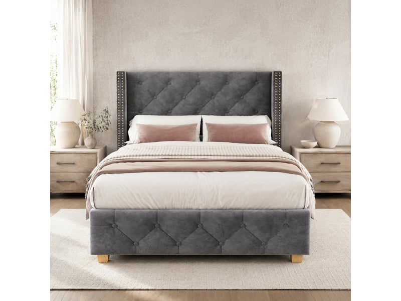  Lit 1 place 90x200 cm en velours gris avec sommier à lattes  - Conforama C