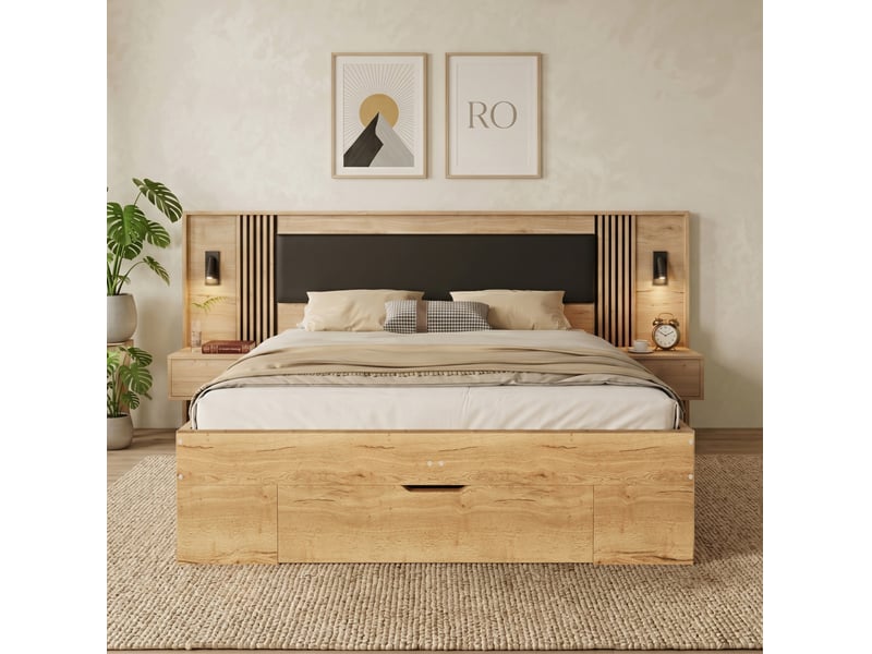  Lit double avec rangement, liseuses et 2 tables de chevet, cadre à tiroirs en mdf couleur naturelle  - Conforama E