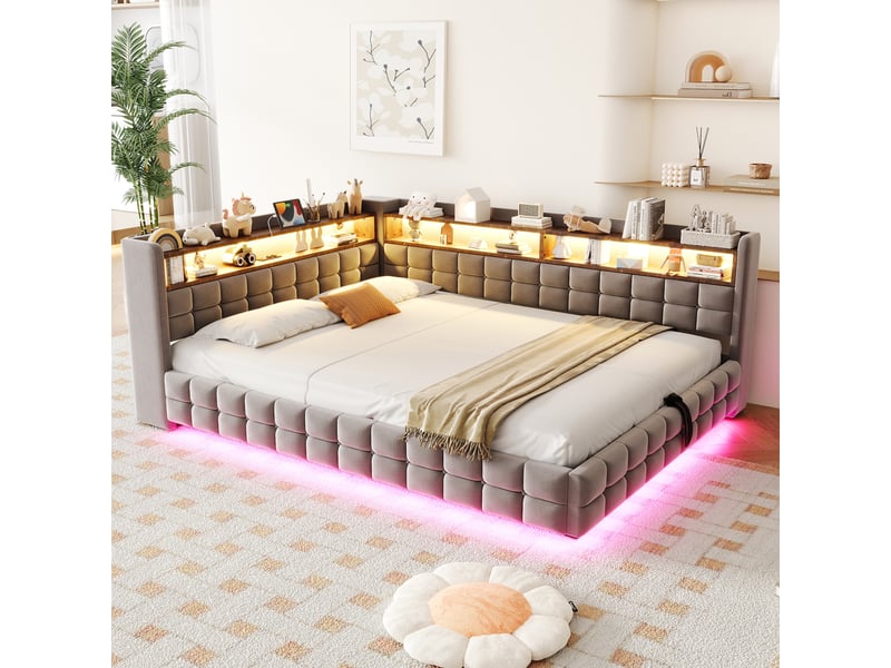  Lit coffre hydraulique 140x200 cm avec rangements, led et prises usb-c, velours gris clair, sans matelas  - Conforama R
