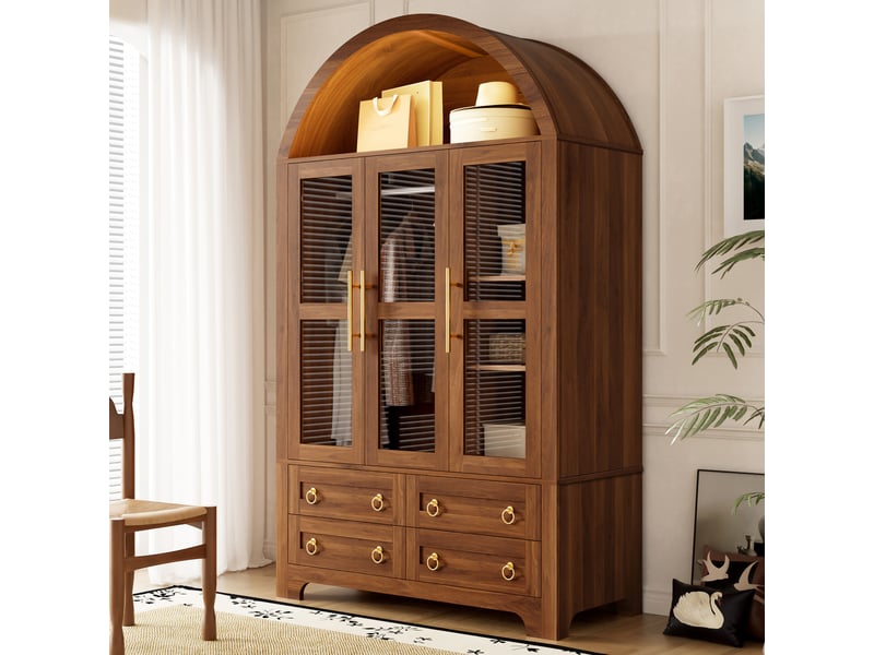  Armoire dressing vitrée avec led via application, 3 portes en verre, 4 tiroirs, tringle et étagères, effet noyer, 110 x 50 x 186 cm  - Conforama B