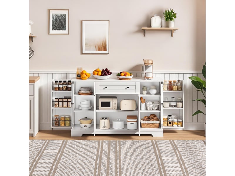  Buffet de cuisine blanc 138 cm en mdf avec tiroir, portes et étagères réglables  - Conforama D