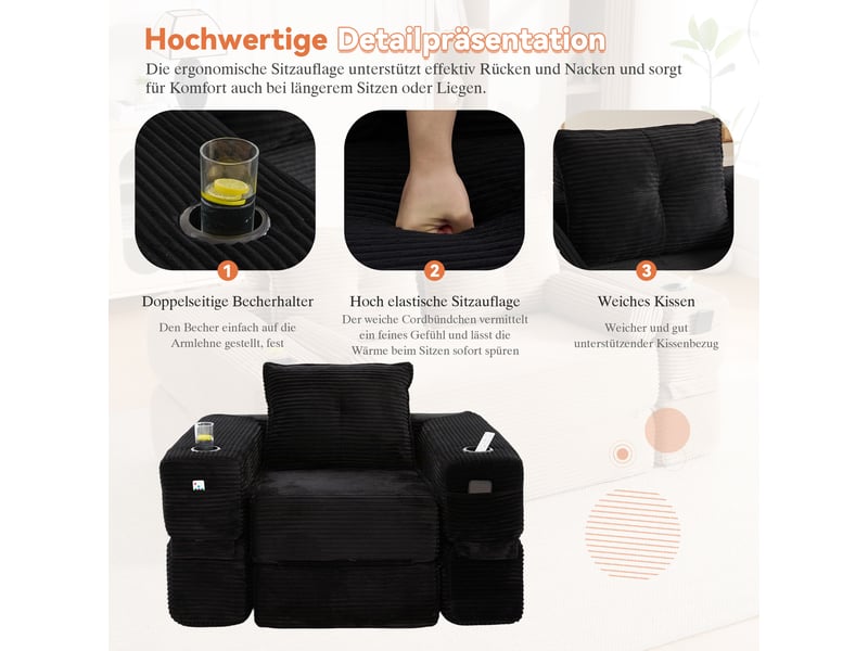  Canapé convertible 2 places en velours côtelé noir avec porte-gobelet et poches latérales  - Conforama D