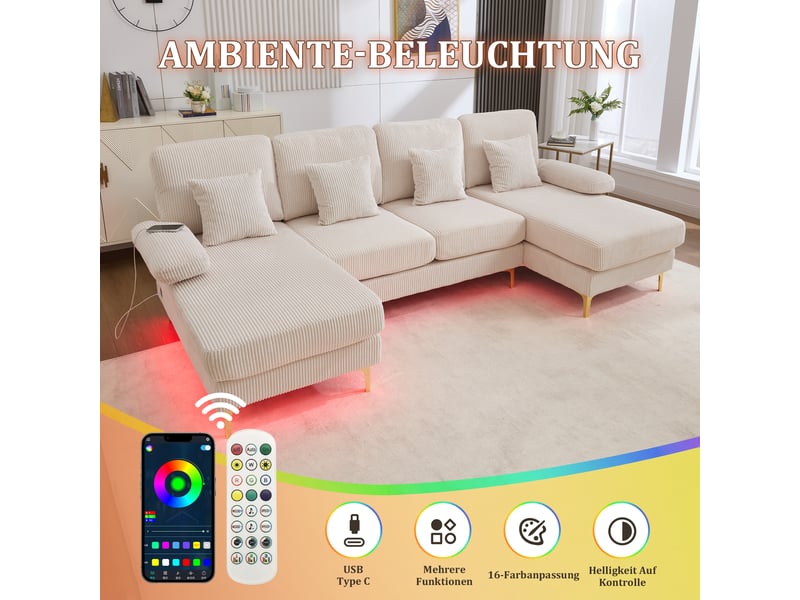 Canapé d'angle, canapé moderne – éclairage led, beige, forme u, port usb  - Conforama D