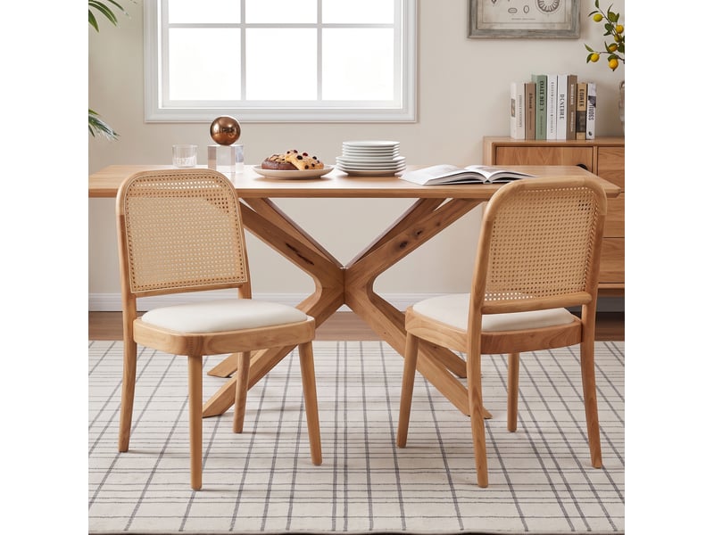  Chaises de salle à manger 4 pièces, dossier en rotin, bois et lin coloris naturel  - Conforama C