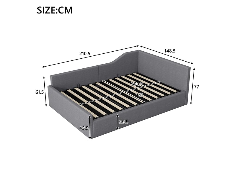  Lit de jour rembourré 140x200 cm, coffre de rangement sous couchage, revêtement lin gris, style épuré  - Conforama B