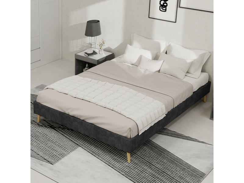  Cadre à lattes adulte 140x200 cm avec sommier, velours, gris, sans matelas ni tête de lit  - Conforama W