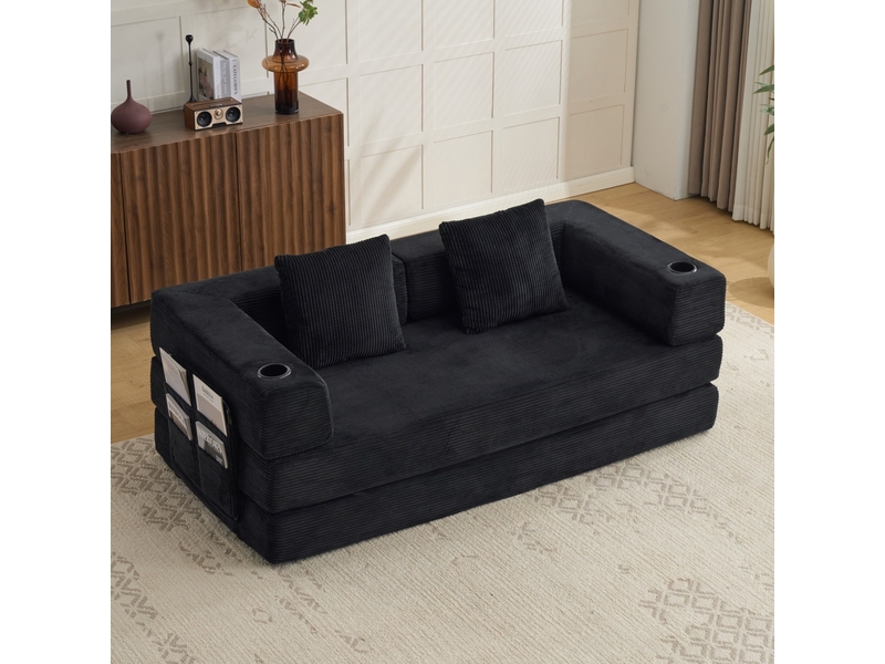  Canapé convertible noir à assise 2 places, convertible en lit, avec dossier en appui-tête, poches latérales et porte-gobelets  - Conforama C