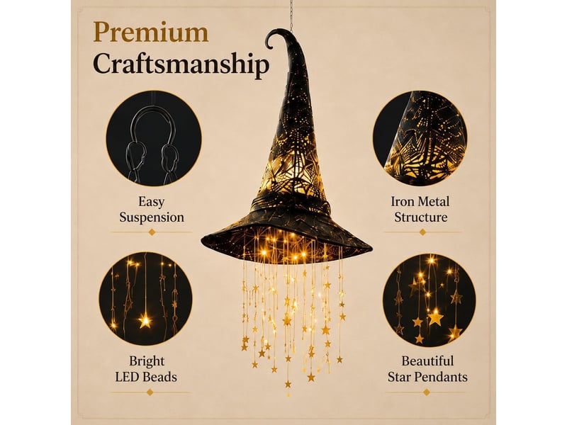 Lot de 6 décoration halloween suspendue, chapeau de sorcière lumineux led avec carillon à vent et étoiles pour porche, terrasse et entrée - Conforama E