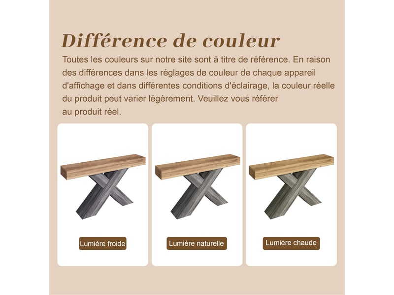  Console étroite à pieds en x, aspect bois, en panneaux de particules, idéale pour l'entrée ou le salon.  - Conforama E