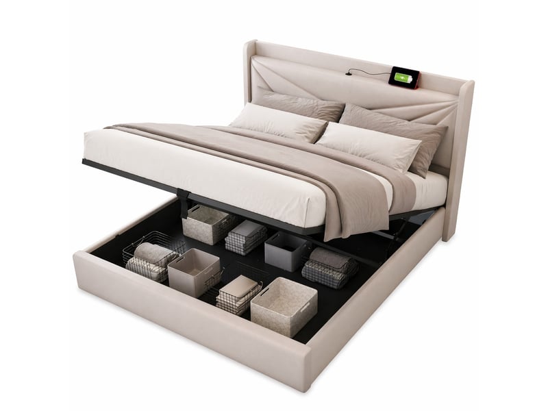  Lit coffre 140x200 cm avec tête de lit usb type-c, beige, sommier à lattes  - Conforama A