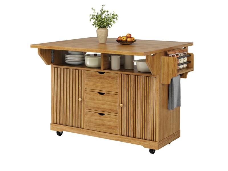 Desserte de cuisine avec 3 tiroirs, 2 portes et plateaux rabattables sur roulettes freinées 142,5 × 80 × 95 cm - Conforama A