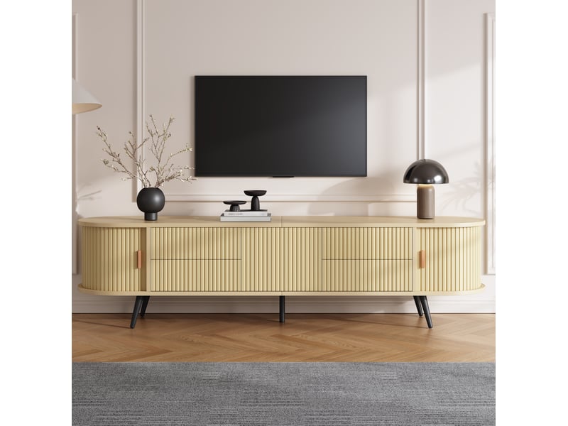  Meuble tv ovale avec 4 tiroirs, porte à rideau et rangement, en mdf naturel à poser au sol pour salon 180 × 40 × 45 cm  - Conforama D