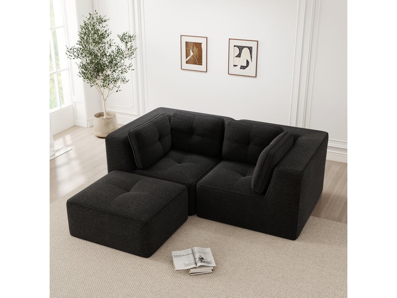 Canapé d'angle modulable 2 places en velours côtelé noir avec repose-pieds mobile - 208 x 177 x 69 cm  - Conforama B