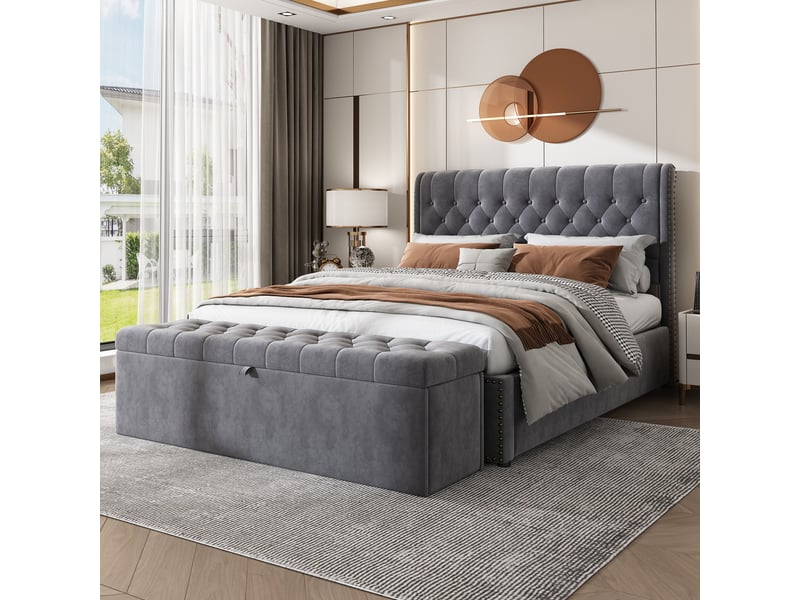  Banc de rangement velours gris, bout de lit gris avec coffre, banc capitonné 138 cm pour chambre et salon  - Conforama R