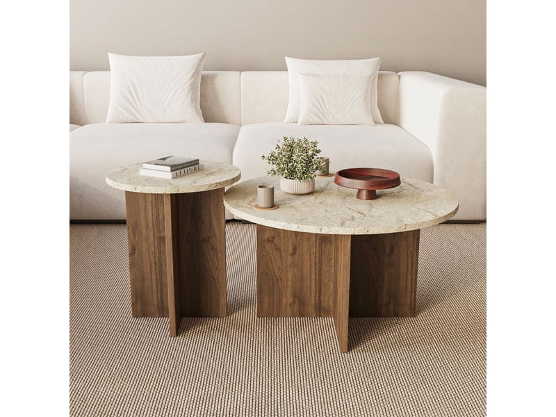 Lot de tables basses rondes en bois private - beige - Conforama D