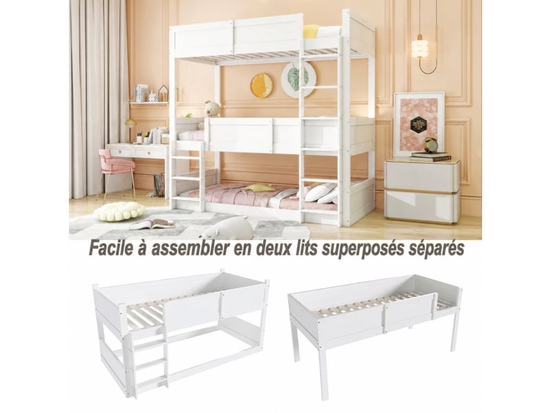 Lit triple superposé 90 x 200 cm modulable, en bois blanc, avec barrières hautes pour chambre d'enfants  - Conforama E