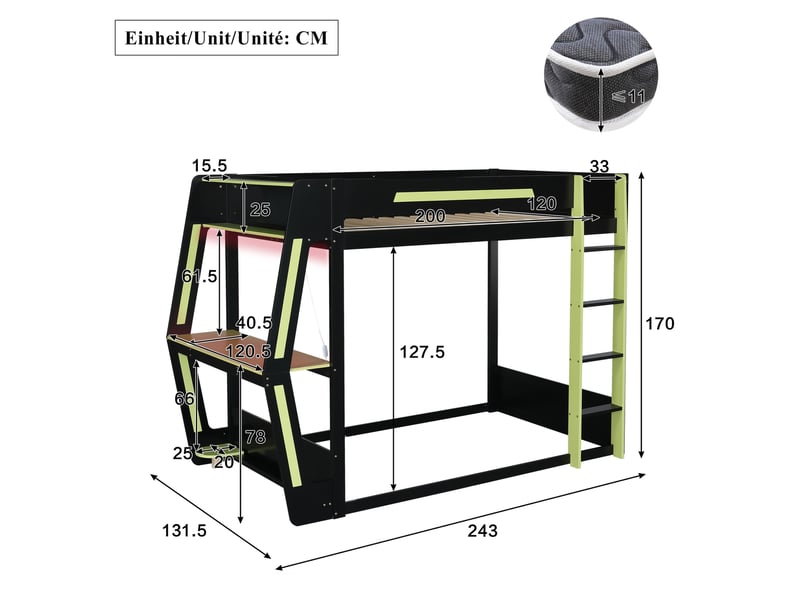 Lit mezzanine 120x200 cm, bureau gaming, rangements, led, bois de pin et mdf, noir et vert, sans matelas - Conforama C