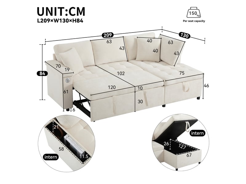 Canapé d'angle convertible moderne avec espace de rangement, port de charge usb, compartiments de rangement dans les accoudoirs et deux coussins – beige. - Conforama C