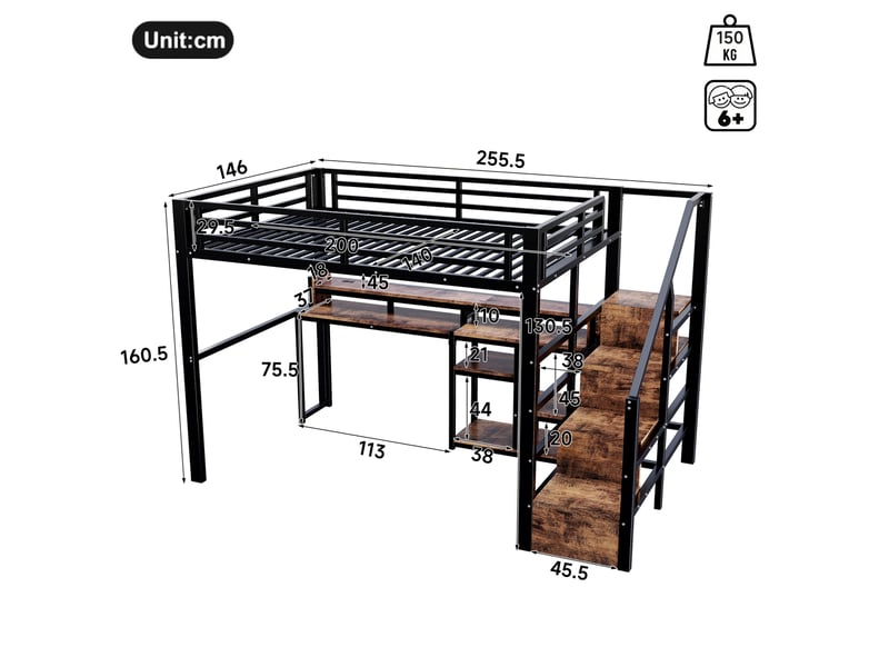  Lit mezzanine 140x200 cm, escalier rangement, bureau, usb-c, led, métal et mdf, noir et blanc, sans matelas  - Conforama C