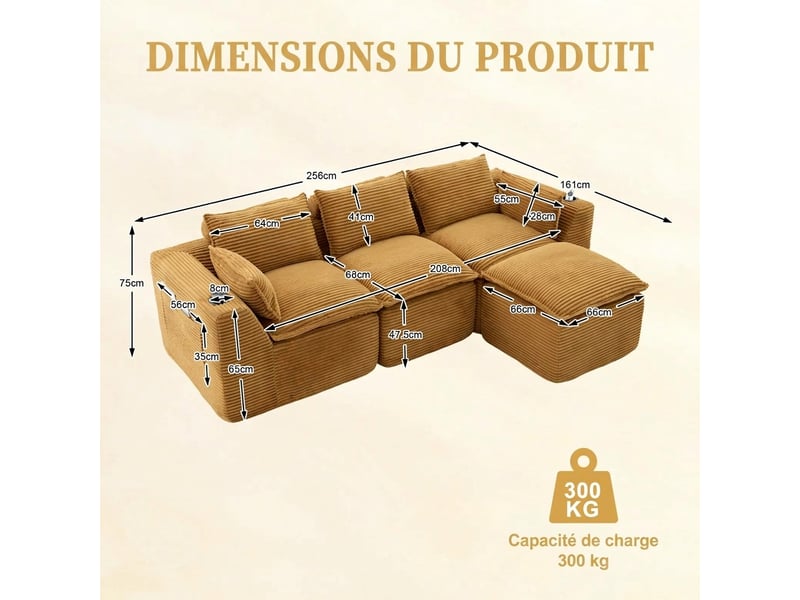  Canapé 3 places velours côtelé modulable avec pouf - orange - 256 cm - porte-gobelet et poches  - Conforama C