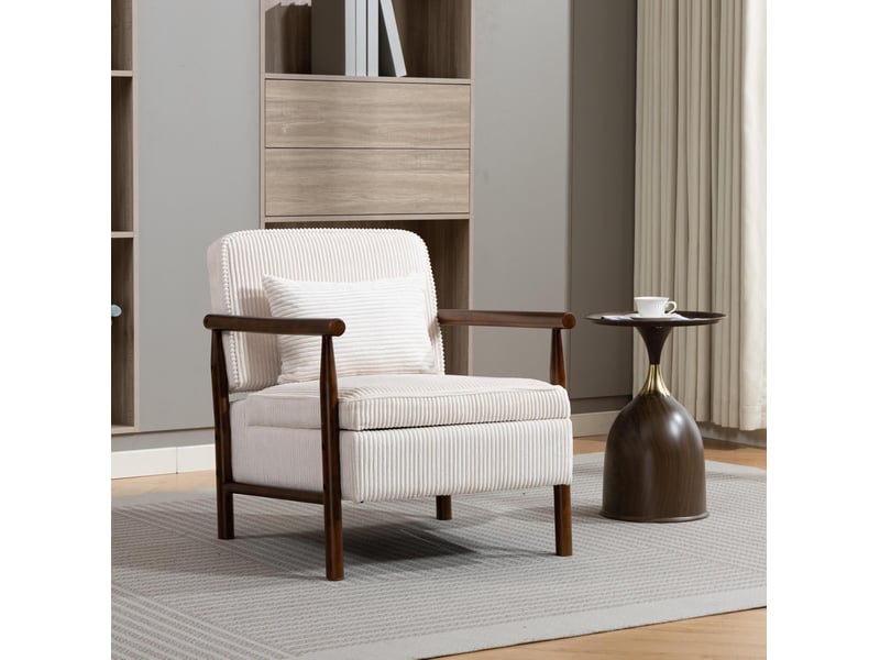  Fauteuil 80x61x71.9 cm, assise avec rangement, structure en bois, tissu velours, canapé 1 place, coloris blanc et brun  - Conforama E