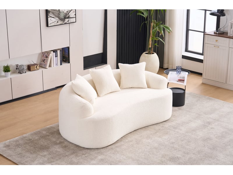  Canapé 2 places modulable incurvé 153x94x63 cm blanc cassé en chenille, 3 coussins décoratifs inclus  - Conforama B