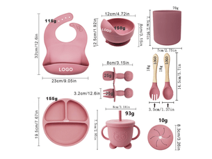 Ensemble de vaisselle pour enfants en silicone rose, comprenant assiette, cuillère, fourchette, tasse, bavoir et bol