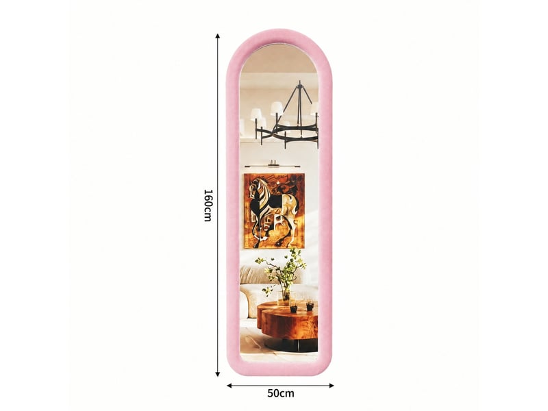  Miroir pleine longueur 160x50 cm, dressing rectangle arqué, pour chambre et salon, cadre en velours style romantique, avec pied u, rose  - Conforama E