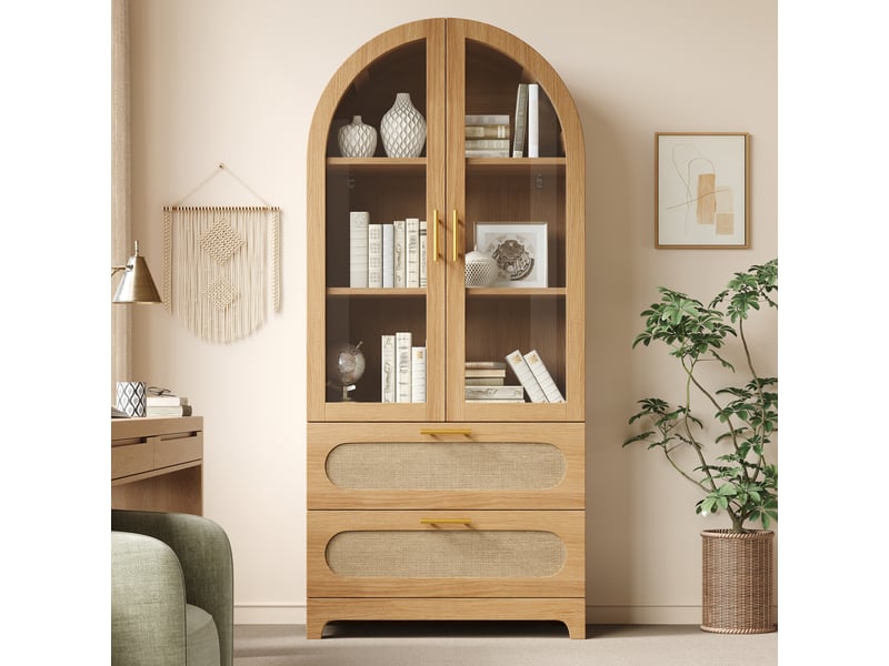 Vitrine bibliothèque 80x40x175cm, 2 portes cintrées,2 tiroirs et étagères réglables,chêne Bliss Lite - Conforama E